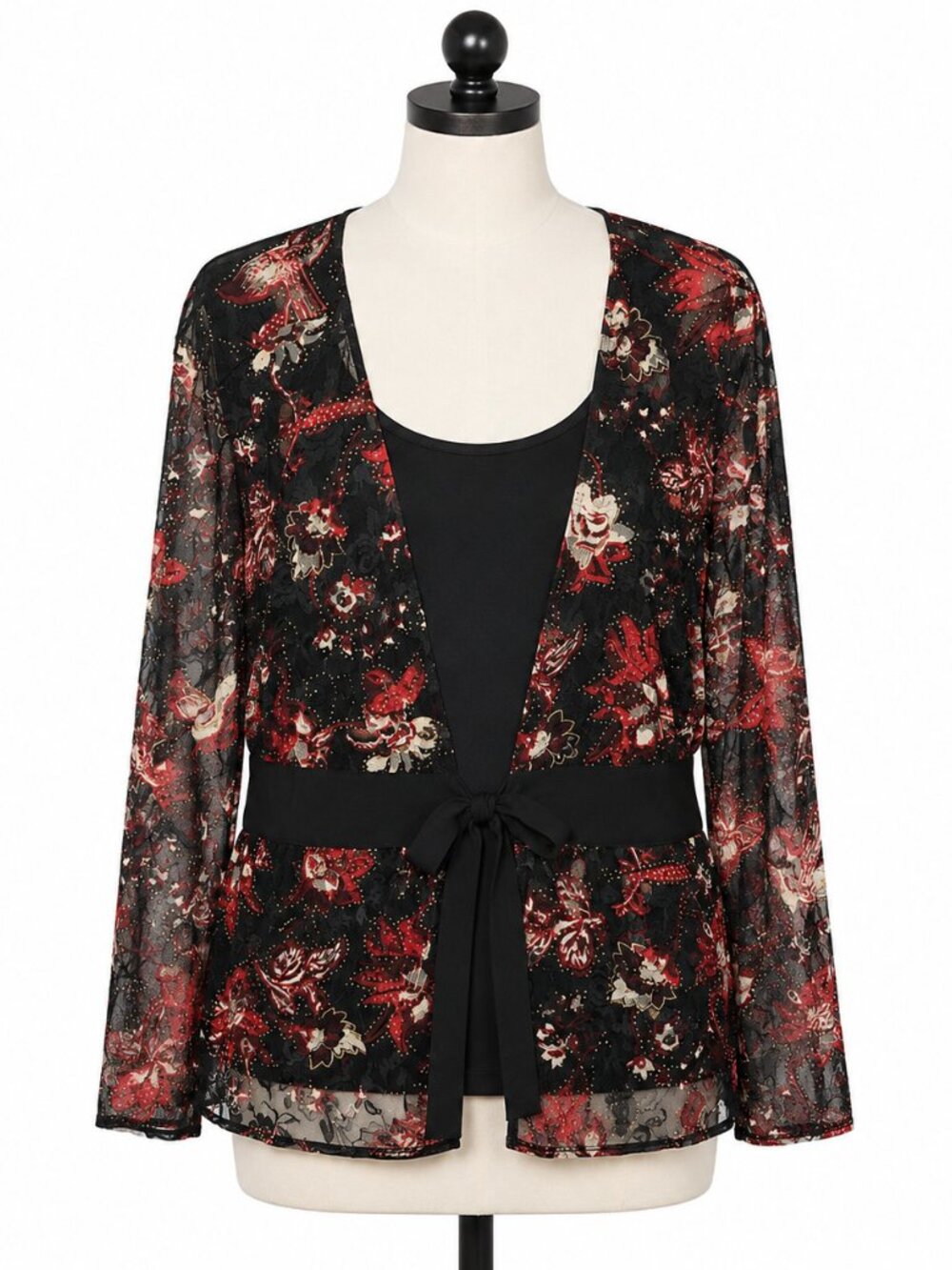 Studio 1940 Plus Size 30/32 Black Floral Sheer Sleeve Tie Waist Top